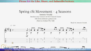 Spring 1St Movement Another easy version Arr for Clasical Guitar with Tab [upl. by Ayom]