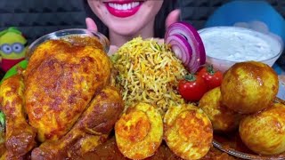 ASMR MUKBANK 😋 EATING WHOLE CHICKEN CURRY  AND EGGS  TOMATO SAUCE AND RICE AND MORE 🔥🔥😋 [upl. by Aidin]