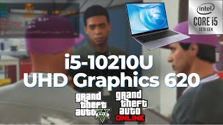 Intel Core i510210U \ UHD Graphics 620 \ GTA V  GTA ONLINE at 720p normal settings 8GB RAM [upl. by Ramsa]