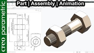 Nut and Bolt Assembly design with Animation  Part design with custom thread in Creo Parametric [upl. by Gottuard43]