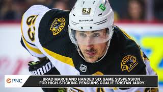 Brad Marchand Suspended Six Games For HighSticking Tristan Jarry [upl. by Myers]