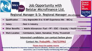 Hiring Regional Manager and SrRegional Manager  Company Name  Belstar Micro Finance Ltd [upl. by Arie76]