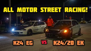 ALL MOTOR K SWAP CIVIC STREET RACING K24 EG HATCH VS K24 EG COUPE  K2420 EK HATCH  400 POT EACH [upl. by Nalced]