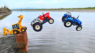 JCB3DX Swaraj Eicher mohindra tractor and mini Dumper Truck jump River  New Holland  Swaraj855 [upl. by Shannah425]