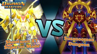 Shoutmon X7SM Vs Susanoomon Dungeon  Destruction and Regeneration Dungeon Showcase Digimon Masters [upl. by Ynaffyt]