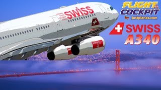 SWISS Flightdeck Airbus A340 to San Francisco [upl. by Ailla]