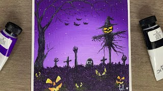 A Spooky Halloween Night  Halloween 👻 Painting  Acrylic Painting for Beginners [upl. by Nomor]