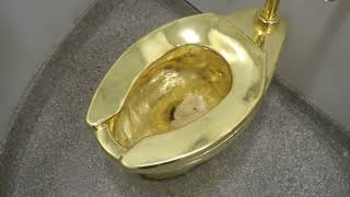 The Famous Stolen Solid Gold Toilet Sculpture  The Guggenheim NYC by Maurizio Cattelan quotAmericaquot [upl. by Afatsum]