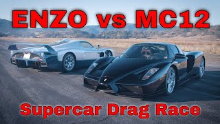 Ferrari Enzo vs Maserati MC12  Supercar Drag Race [upl. by Cirdes]