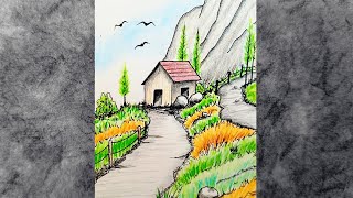 Landscape Scenery Drawing  Colored Pencils and Ink Pencil Sketch Tutorial House Mountains Trees [upl. by Malvino]