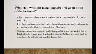 Salesforce developer interview questions part 12 Apex 2024 What are wrapper class in salesforce Apex [upl. by Annayram]