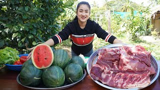 Cooking with Sreypov Yummy watermelon cook with pork  My country style cooking [upl. by Salokin]