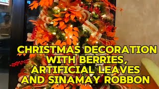 CHRISTMAS DECORATION WITH BERRIES ARTIFICIAL LEAVES AND SINAMAY ROBBON [upl. by Aleek]