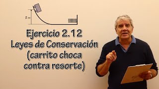 Ejercicio 212  Leyes de Conservación carrito choca contra resorte [upl. by Atnohsal]