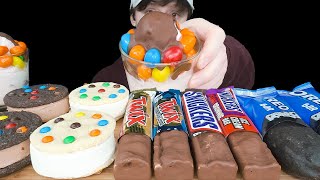 ASMR Chocolate Candy Ice Cream MampM Cookie Sandwich Twix Snickers Peanut Brownie Oreo Bar [upl. by Elison]