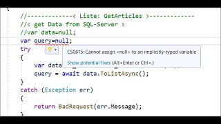 ✅ Error CS0815 Cannot assign null to an implicitlytyped var variable [upl. by Moguel568]