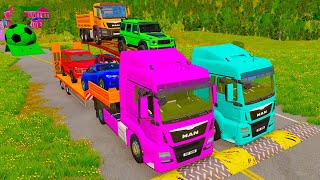 Double Flatbed Trailer Truck vs Speedbumps vs Train vs Cars  Tractor vs Train  BeamngDrive 009 [upl. by Ignatius791]