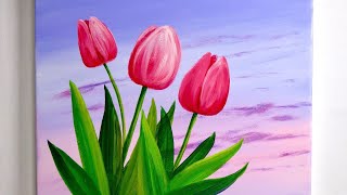 Easiest Way to Draw Tulip Flower  Acrylic Painting for beginner [upl. by Sherlocke]