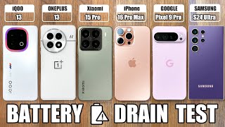 iQOO 13 vs ONEPLUS 13 vs Xiaomi 15 Pro vs iPhone 16 Pro Max  Samsung S24 Ultra  BATTERY DRAIN TEST [upl. by Awuhsoj602]