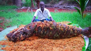 GIANT CATFISH MANDI RECIPE  MONSTER LEG BUTTER SPICY GRAVY  MUTTON BOTI FRY RECIPE  Village Style [upl. by Naghem773]