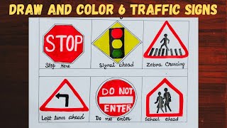 Traffic signs drawing ll draw and color 6 Road Traffic symbols ll how to draw road traffic safety ll [upl. by Ala966]