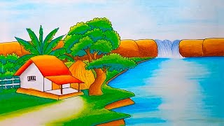 How to Draw Easy Scenery Drawing Landscape Village With Oil Pastel  Mountain Waterfall Drawing [upl. by Abibah]