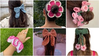 Lovely Crochet hair accessories for ladiesCrochet hair clips amp scrunchies ideas 💡 [upl. by Karlise]