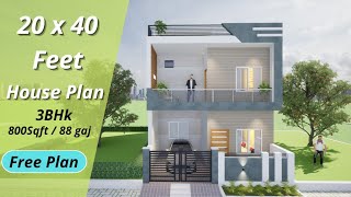 20 x 40 feet house plan  800 sqft  90 Gaj  20 x 40 modern house design 3d  6 x 12 meter [upl. by Attesor]