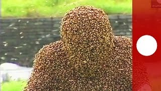 Covered in bees China man spends a record hour in living bee coat [upl. by Aramoy]