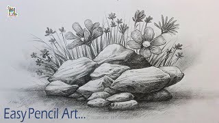 How to draw Easy Decorative Garden Drawing with Small stones and Flowers and grass [upl. by Chansoo]