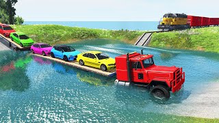 Trailer Transporter Truck Speed Bumps Car Rescue  Cars vs Deep Water – BeamNGDrive  BeamNG 57 [upl. by Sidonnie590]