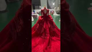 Red ball gown heavy beaded lace wedding dress wholesale [upl. by Ecad]