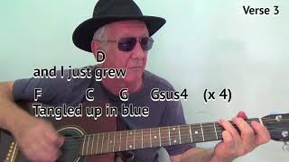 Tangled Up In Blue Bob Dylan cover GUITAR LESSON playalong with chords and lyrics  key Gmajor [upl. by Aliakam]