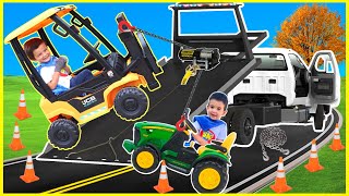 Tow truck rescue and racing kids ride on tractor gator and forklift with towing for kids [upl. by Eanore]