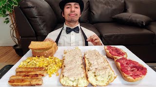 MASSIVE BREAKFAST MUKBANG EGGS SAUSAGE CRUNCHY PORK SPREAD BAGUETTE AND STRAWBERRY JAM [upl. by Heigho3]