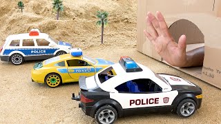 Rescue Police Car from the Hand in Cave with Construction Vehicles Fire Truck  BIBO TOYS [upl. by Lochner]