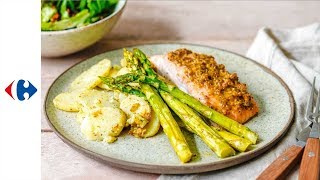 Zalm in honingmosterdkorstje met groene asperges en aardappelschijfjes [upl. by Selhorst]