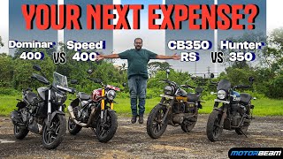 Triumph Speed 400 vs Honda CB350 RS vs Bajaj Dominar 400 vs Royal Enfield Hunter 350  MotorBeam [upl. by Adnirolc]