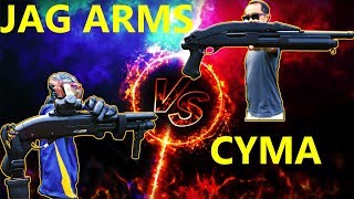 Airsoft Shotgun Face Off Review Cyma Trishot VS Jag Arms Scattergun [upl. by Shanahan]