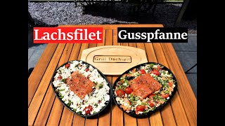 Lachsfilet grillen  braten dazu Gemüse nach Griechisch Art Gusspfanne und Gasgrill Лосось Гриль [upl. by Akehsar100]