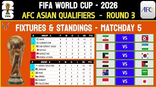 WORLD CUP QUALIFIERS 2026 ASIA  AFC ASIAN QUALIFIERS ROUND 3  FIXTURES amp STANDINGS  MATCHDAY 5 [upl. by Sakul]