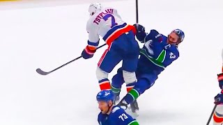 Maxim Tsyplakov Hit on Quinn Hughes  New York Islanders vs Vancouver Canucks 2024 NHL Highlights [upl. by Anawk912]