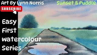 Lets Watercolour Paint A Super Easy Sunset Landscape with a Puddle [upl. by Ahsinawt]