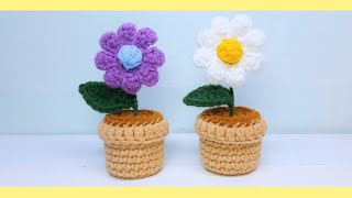 How to crochet mini flower in a pot  Easy Tutorial for Beginners  Pattern [upl. by Vani]