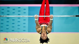 Japans Shinnosuke Oka rises on high bar for third gold medal of the Paris Olympics  NBC Sports [upl. by Bautista]