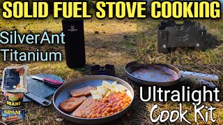 Solid Fuel Stove Cooking  Ultralight Titanium Cook Kit SilverAnt Titanium Plates with Trangia Grip [upl. by Adda]