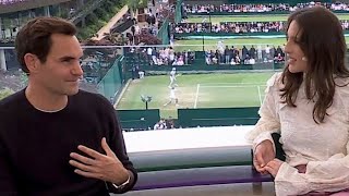 Wimbledon 2024 Roger Federer Interview With Andrea Petkovic amp ESPN Waves To Fans From Balcony [upl. by Anneres]