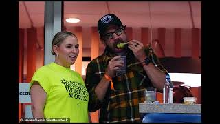 Jason Sudeikis cracks jokes with tennis legend Rennae Stubbs and flashes peace signs at the crowd as [upl. by Llerdnek935]