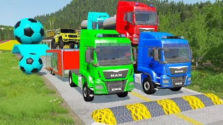 Double Flatbed Trailer Truck vs Speedbumps Train vs Cars  Tractor vs Train BeamngDrive 058 [upl. by Alaham]