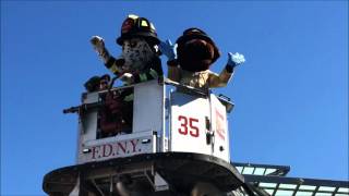 FDNY TOWER LADDER 35 CONDUCTING MOCK RESCUE TO RETRIEVE HOTDOG amp SIREN FROM SOME HIGH DANGER [upl. by Akemehs275]